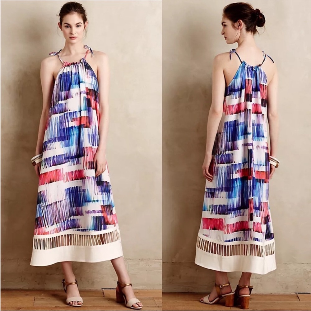 Anthropologie Brushstroke Halter Maxi Dress in Blue, Pink, White